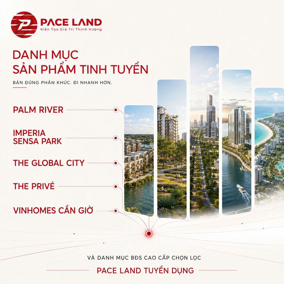 Danh mục sản phẩm tinh tuyển PaceLand: Palm River (Palm City), Imperia Sensa Park, The Global City, The Privé, Vinhomes Green Paradise (Cần Giờ)